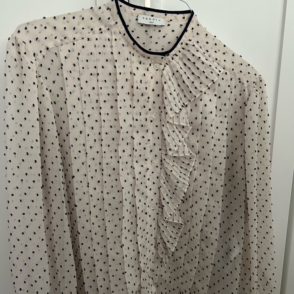 Sandro Paris Ruffle pleated button Long Sleeve sheer contrast dot trim size 3